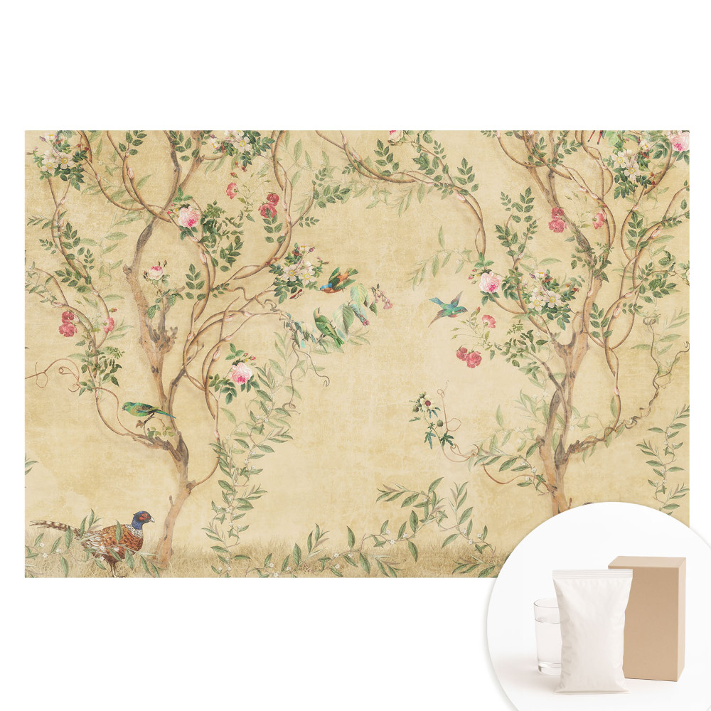 Papier peint panoramique intissé Motif arbre élégant avec fleurs et oiseaux