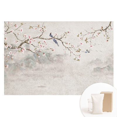 Papier peint intissé Fleurs délicates et oiseaux sur fond de montagnes