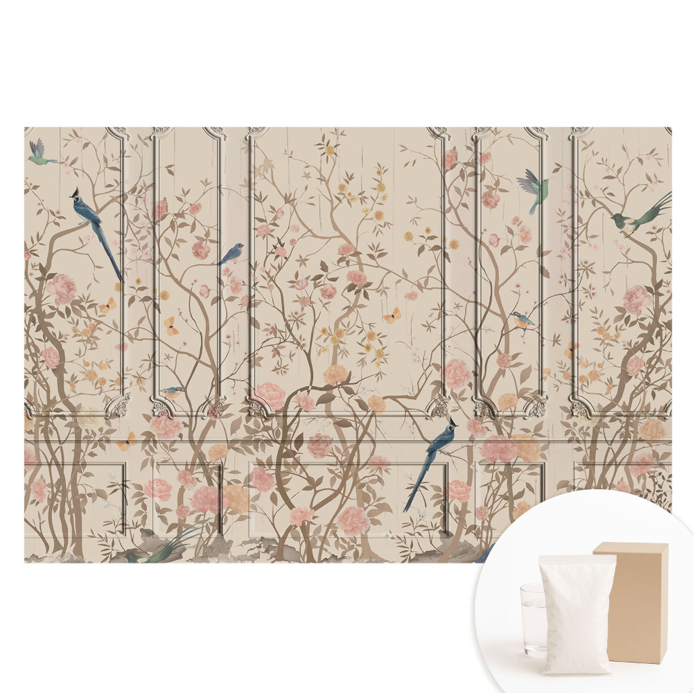Papier peint photo grand format motif oiseaux et roses sur fond de panneaux
