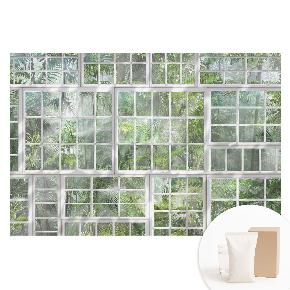Papier peint photo intissé Jungle verte derrière fenêtres blanches