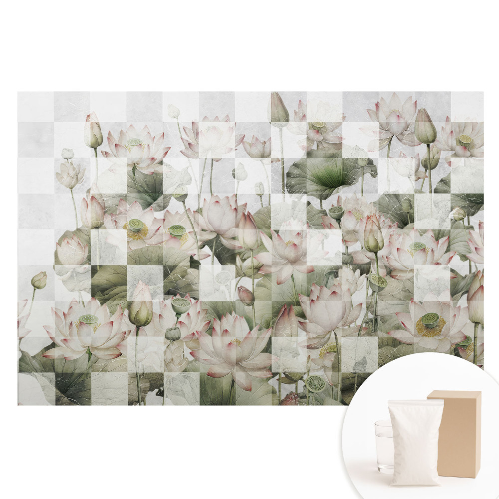 Papier peint panoramique intissé fleurs de lotus et motifs géométriques