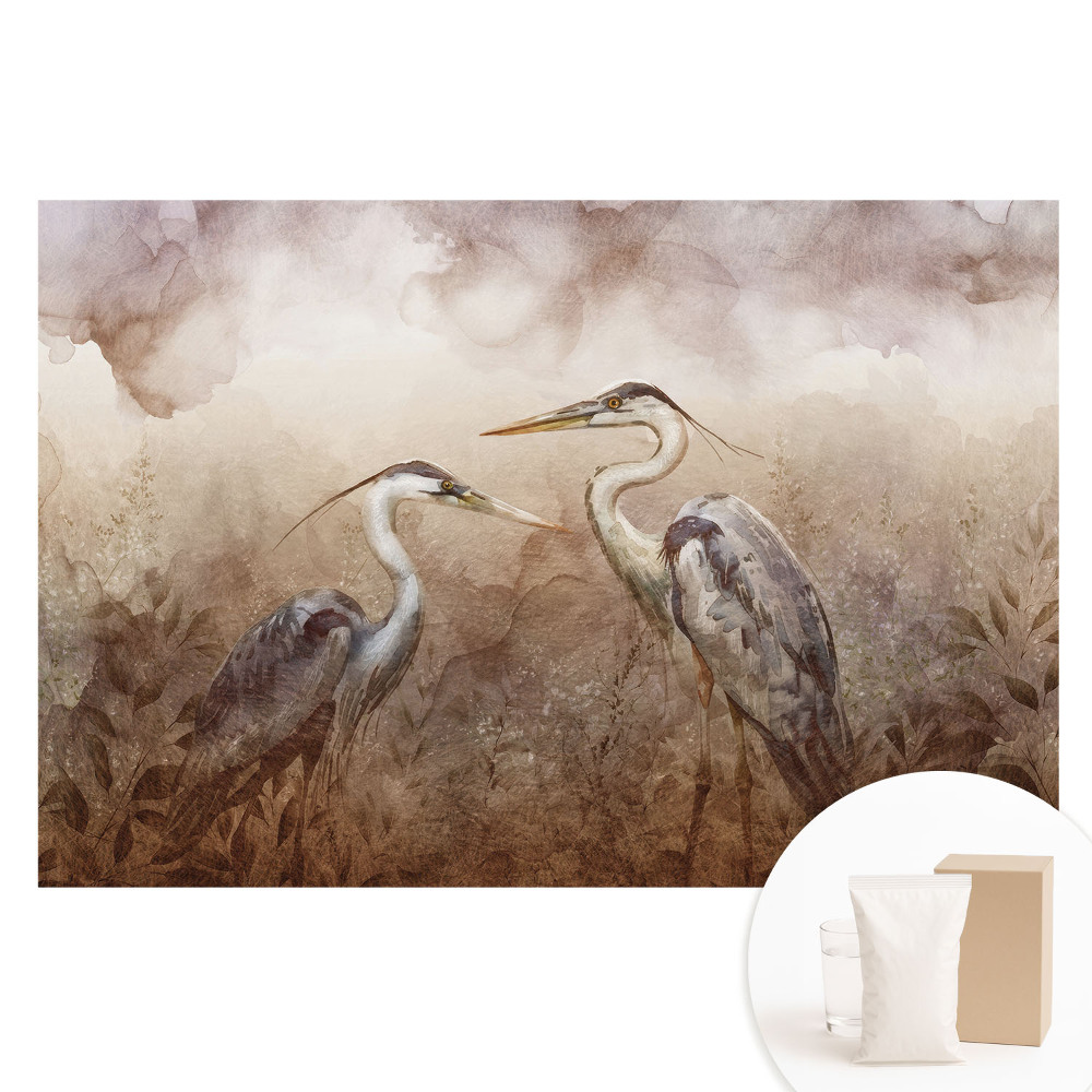 Papier peint panoramique Deux grues aux couleurs délicates