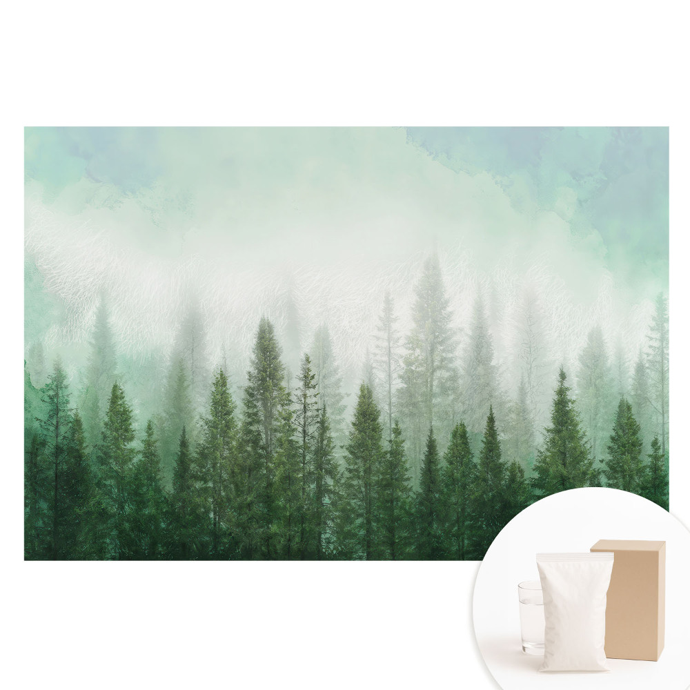 Papier peint panoramique intissé Paysage forestier avec silhouette de loup