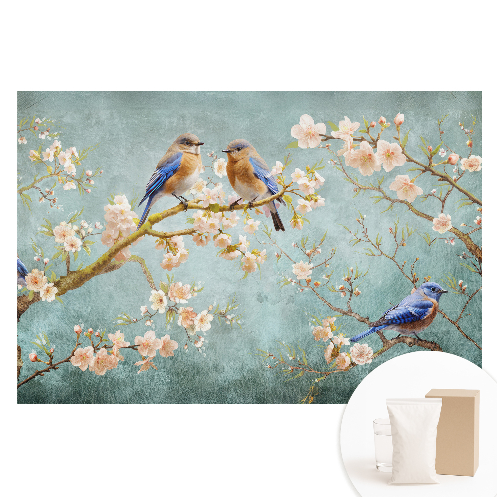 Papier peint photographique intissé Oiseaux sur des branches fleuries, motif pastel