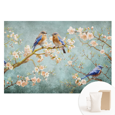 Papier peint intissé photographique motifs d'oiseaux sur branches fleuries dans les tons pastel