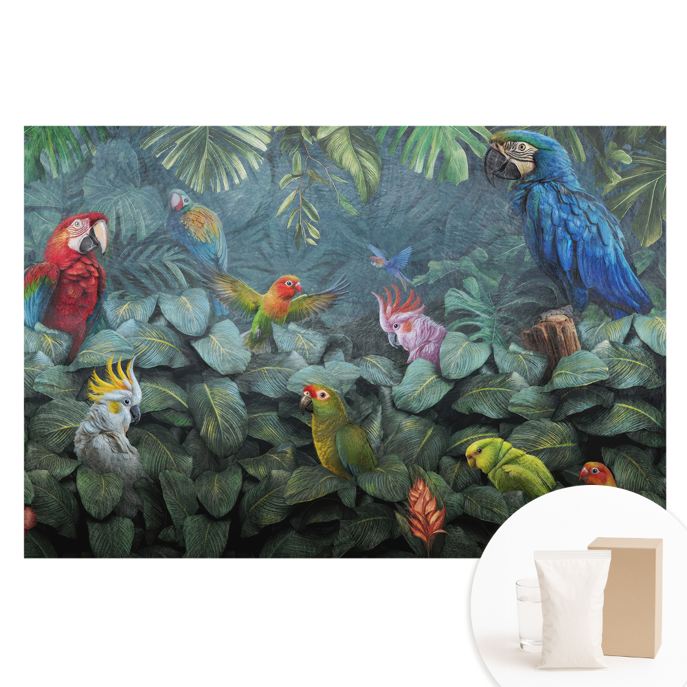 Papier peint intissé perroquets tropicaux et feuilles