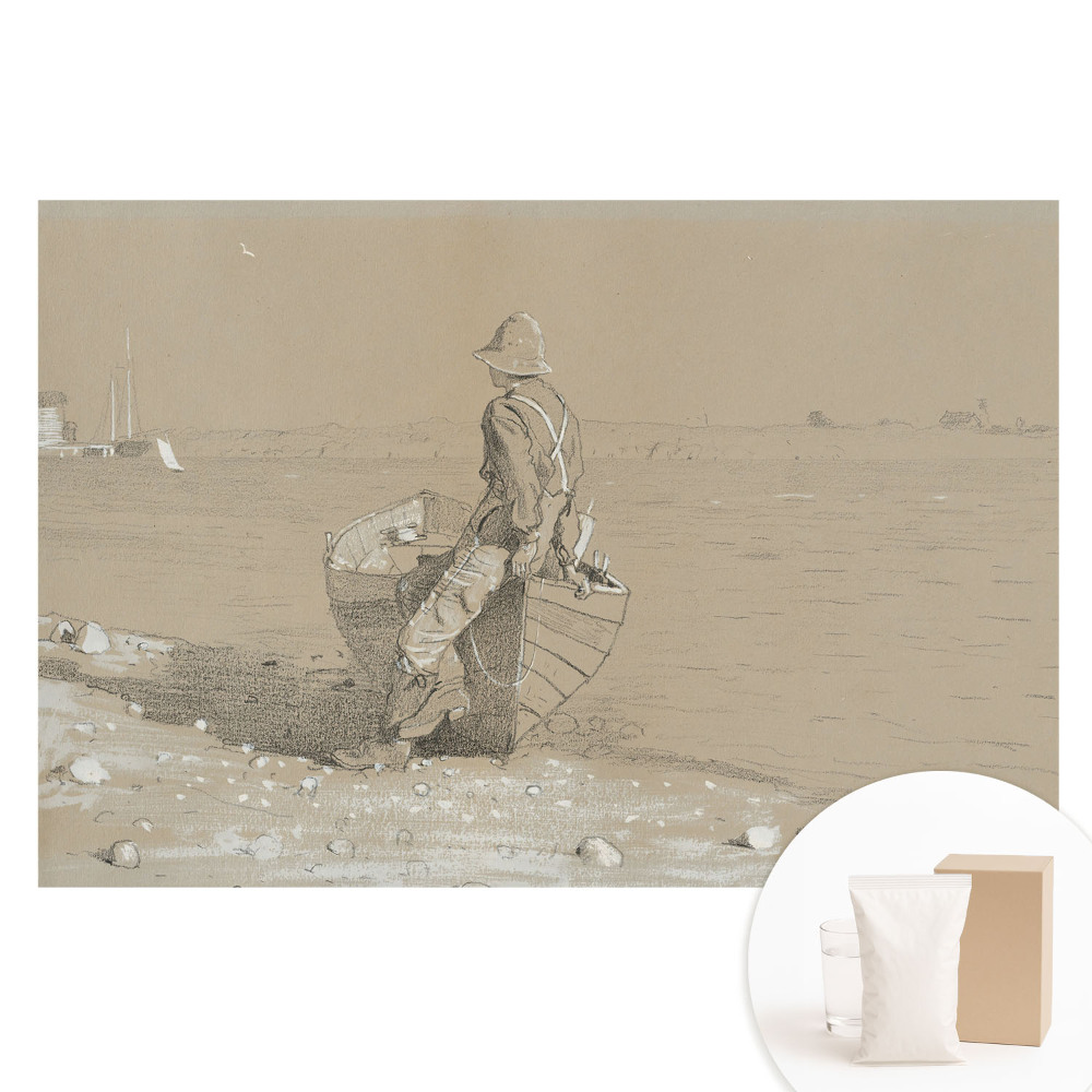 Papier peint photo sur tissu non tissé représentant un homme avec un bateau sur la plage