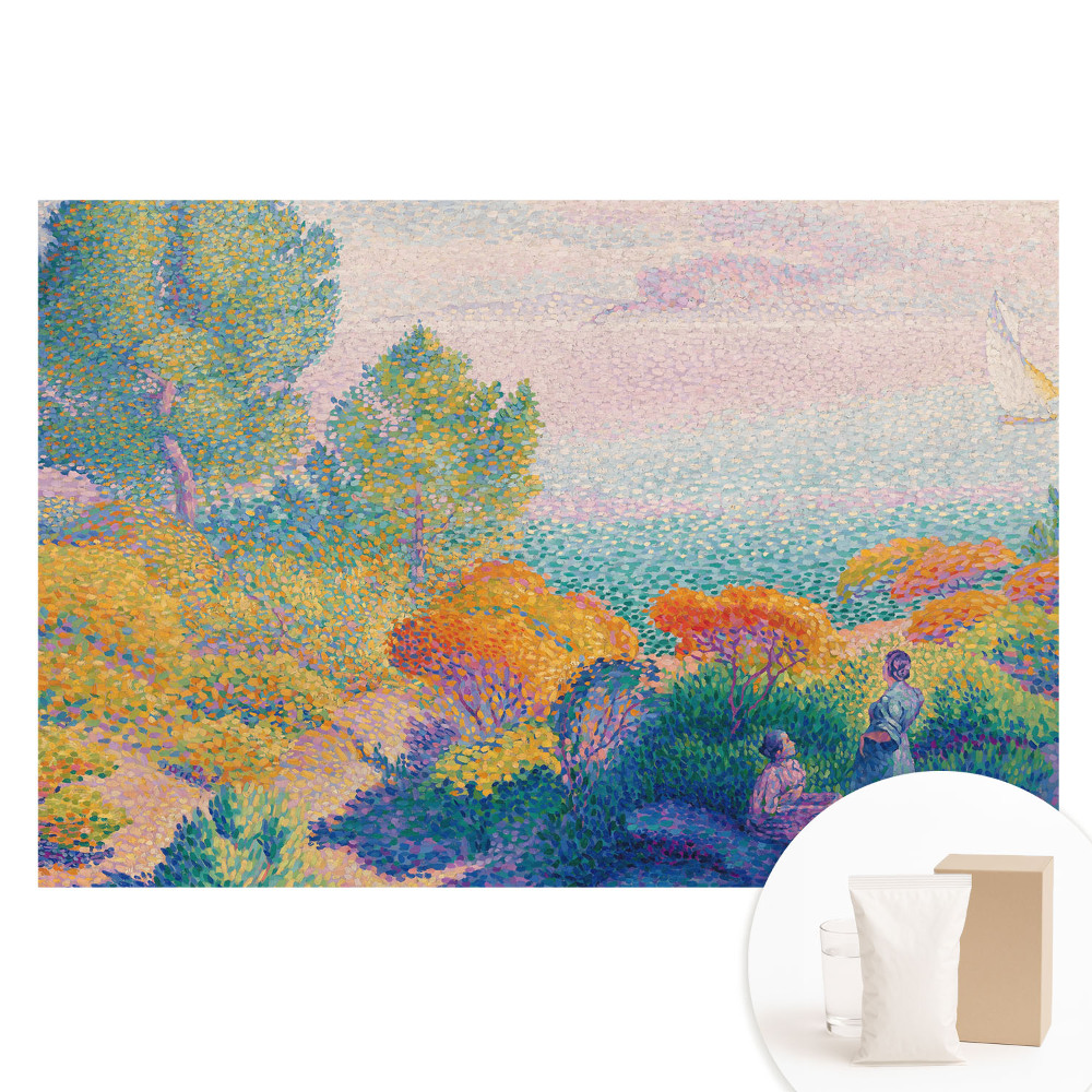 Papier peint intissé panoramique représentant une scène de bord de mer impressionniste aux tons pastel