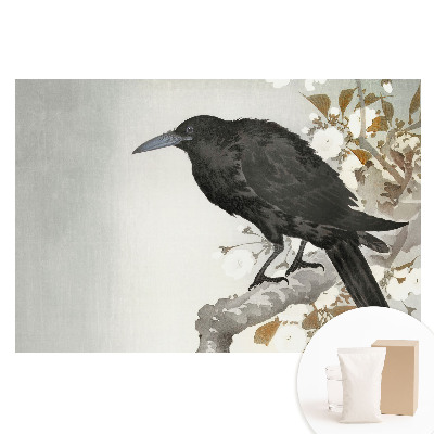 Papier peint intissé imprimé avec un corbeau sur fond de branches fleuries