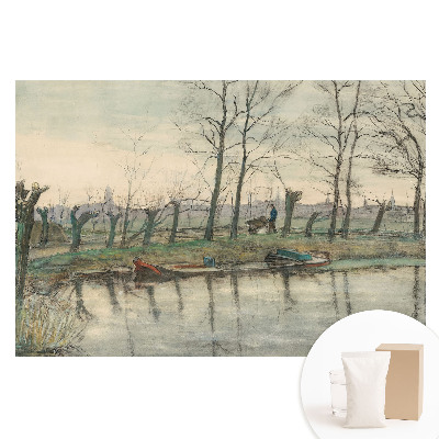 Papier peint intissé imprimé Paysage avec une rivière et une allée d'arbres