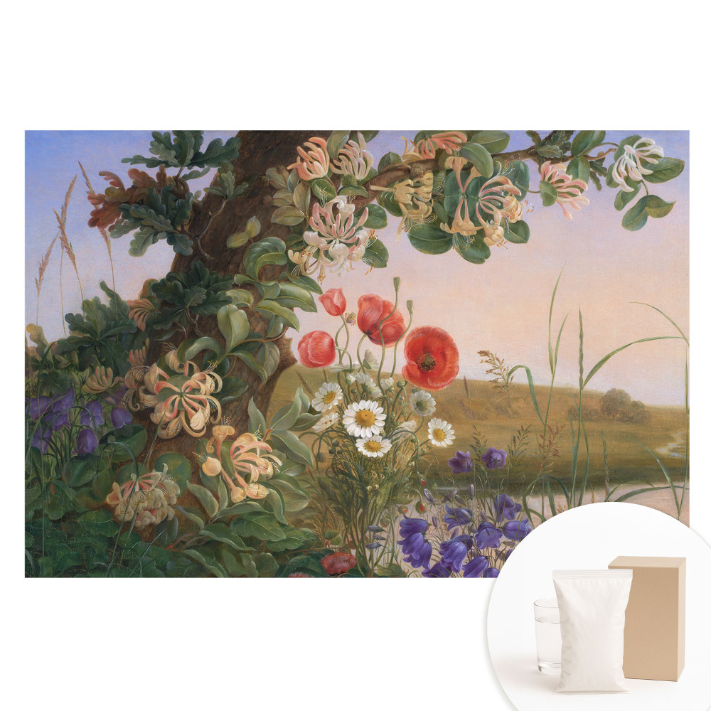 Papier peint photo panoramique sur tissu non-tissé représentant un paysage floral coloré à l'atmosphère idyllique