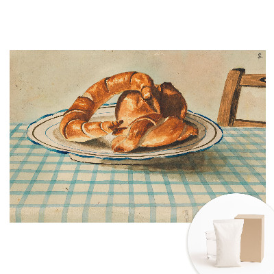 Papier peint photo imprimé sur tissu non tissé Des croissants sur une assiette à une table à carreaux