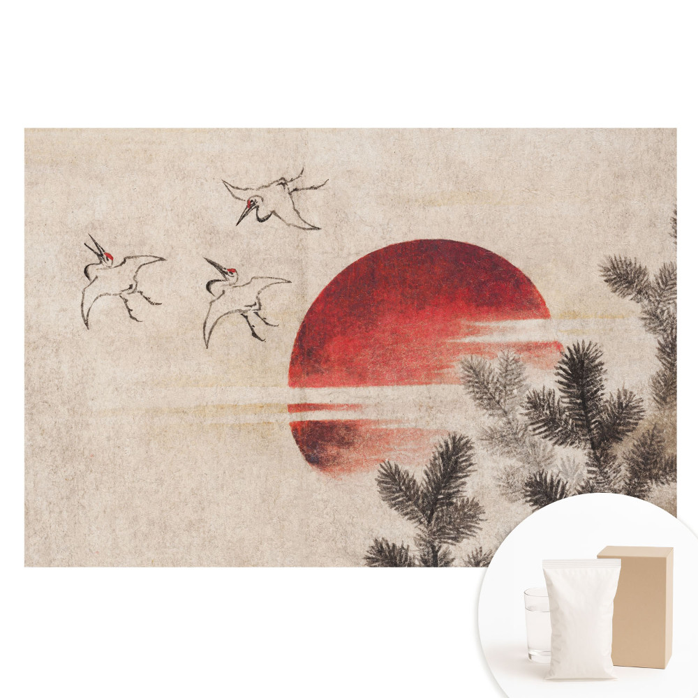 Papier peint intissé Trois oiseaux et le soleil sur fond de conifères