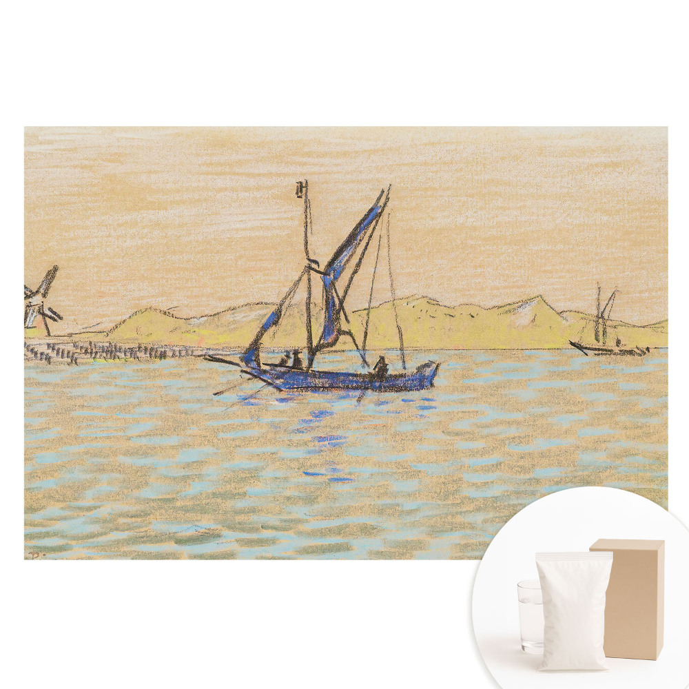 Papier peint photographique intissé paysage pastel, moulin à vent, bateau