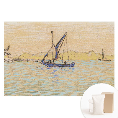Papier peint intissé panoramique paysage pastel avec moulin à vent et bateau
