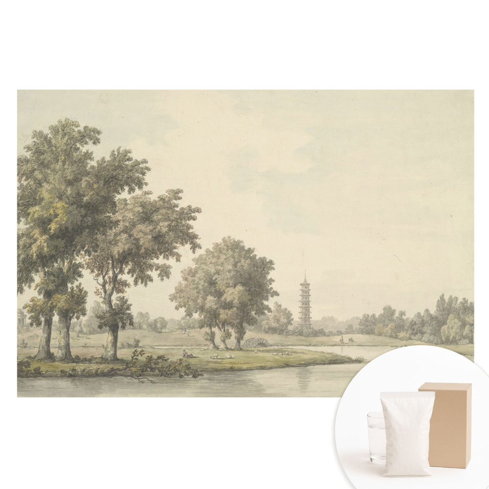Papier peint intissé représentant un paysage pittoresque avec une pagode et un étang