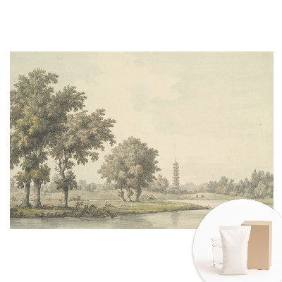 Papier peint intissé représentant un paysage pittoresque avec une pagode et un étang