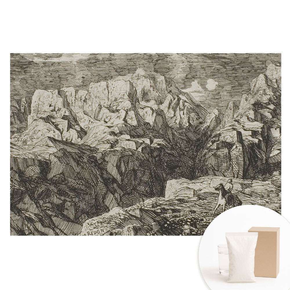 Papier peint photographique intissé Graphismes classiques, rochers bruts, personnage avec un âne