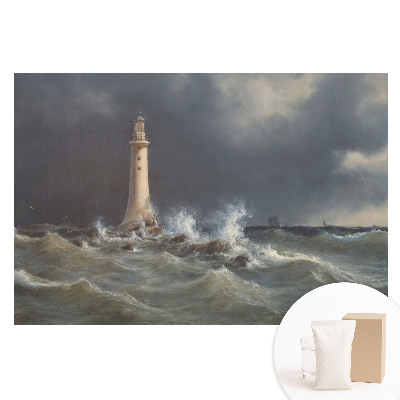 Papier peint panoramique intissé Mer agitée avec phare et navire au loin