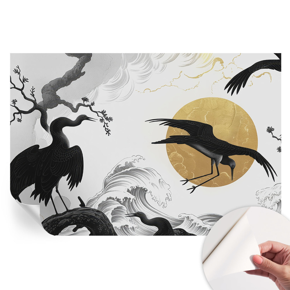 Papier peint photo autocollant motifs de grues noires pour chambre