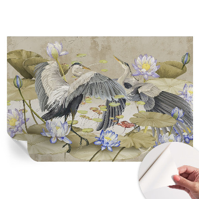 Fresque murale autocollante motifs oiseaux et lys