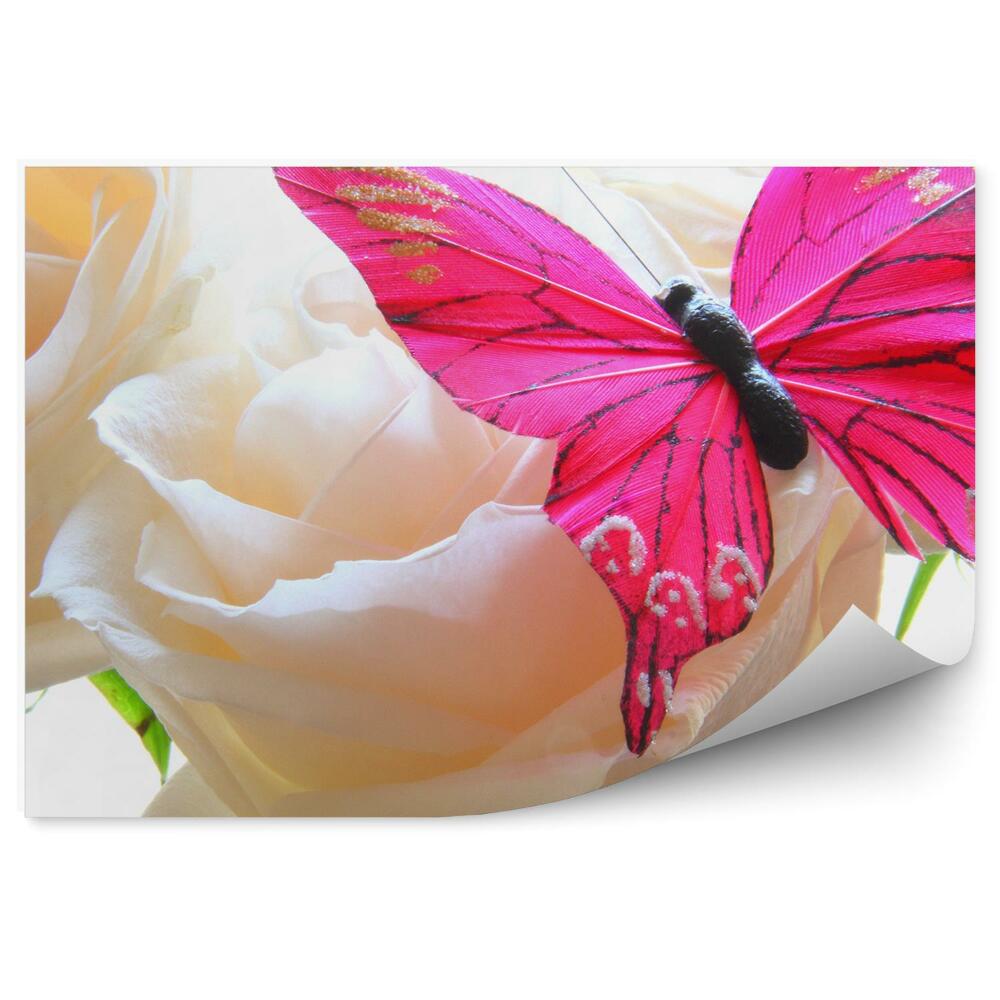 Papier peint Roses blanches fleurs papillon rose plantes