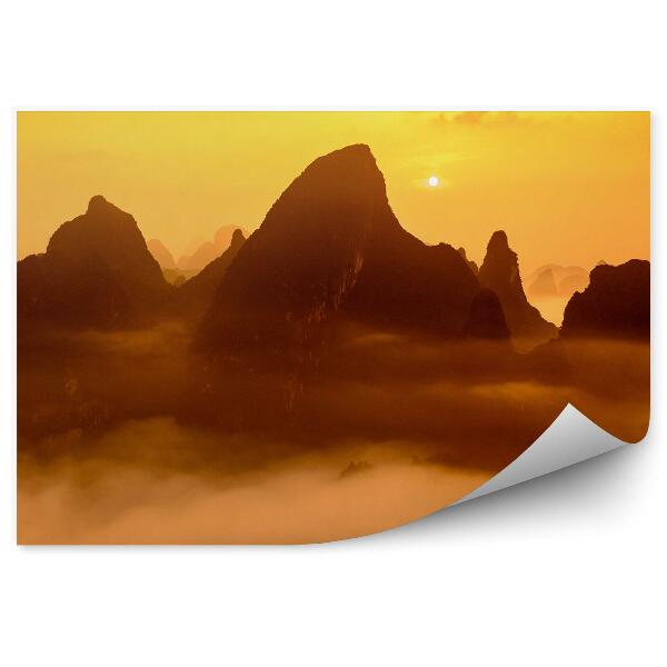 Papier peint Montagnes Brouillard Coucher De Soleil