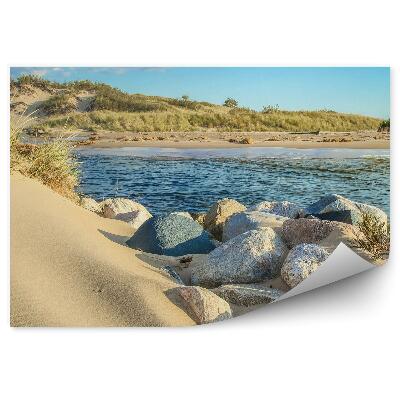 Papier peint Rochers Ciel Nuages Herbe Océan Plage Dunes