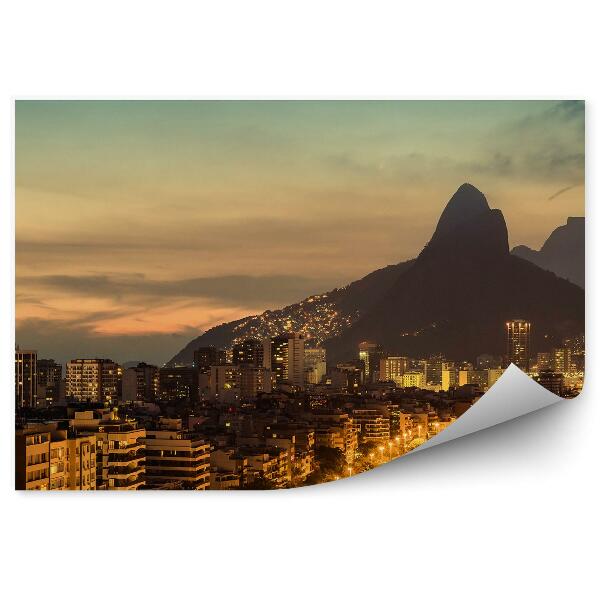 Papier peint Panorama Rio De Janeiro Gratte-Ciel Lumières Montagnes Arbres Ciel Nuages