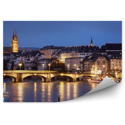 Papier peint Maisons Pont Églises Arbres Bateaux Rivière Panorama Bâle