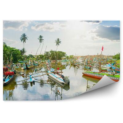 Papier peint Baie tropicale Bateaux Palmiers Plantes exotiques