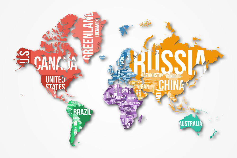 Papier peint Carte du monde détaillée avec frontières et noms de pays