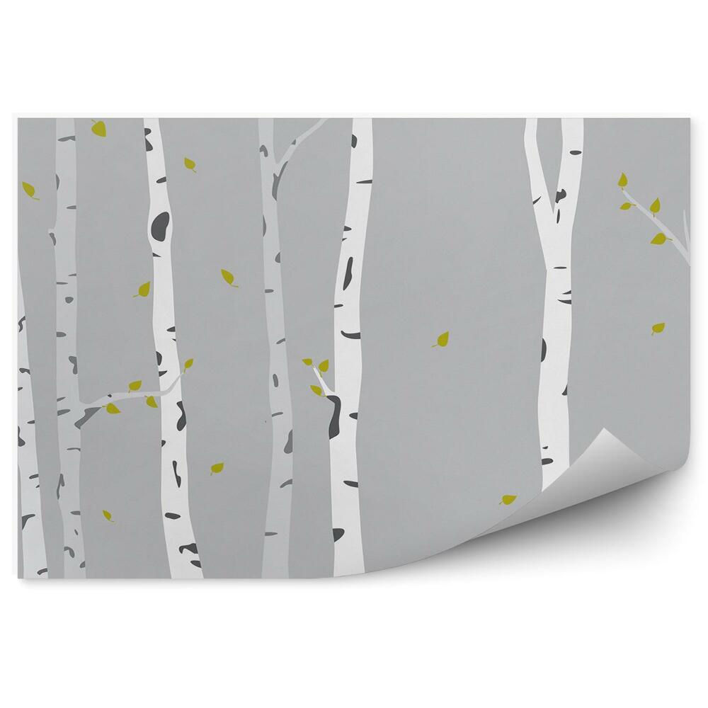 Papier peint Feuilles D'automne De Bouleau Tombant Sur Fond Gris