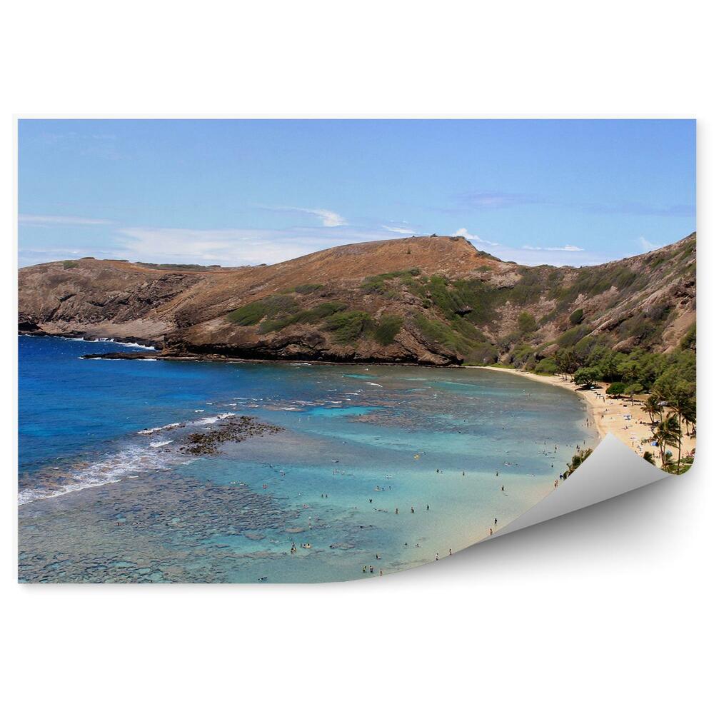 Papier peint Belle Plage Ile Oahu Océan Gens Montagnes Palmiers Ciel Hawaii