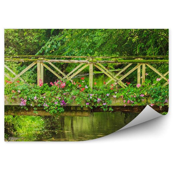 Papier peint Pont Ancien Rivière Fleurs Géraniums Arbres Plantes Buissons