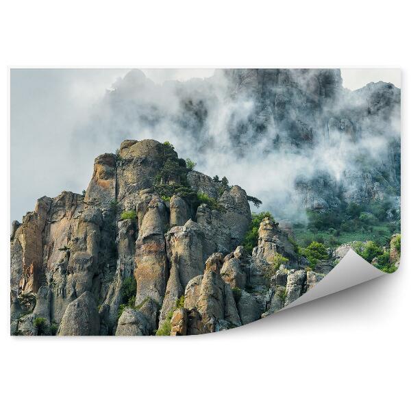 Papier peint Montagne Demerdji Rochers Plantes Ciel Nuages Brume