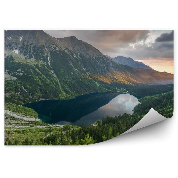 Papier peint Montagnes Lac Conifères Rochers Nuages Coucher De Soleil