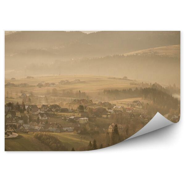 Papier peint Vue Brumeuse Route Pieniny Ville Arbres Montagnes