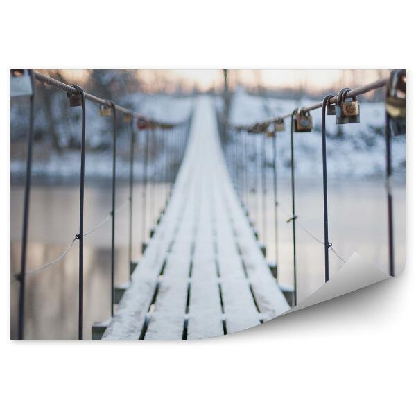 Papier peint Pont De Corde Lac Arbres Rondins Hiver Neige