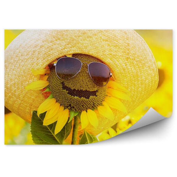 Papier peint Funny sunflower with glasses and hat flowers (Tournesol amusant avec des lunettes et un chapeau)