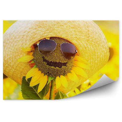 Papier peint Funny sunflower with glasses and hat flowers (Tournesol amusant avec des lunettes et un chapeau)