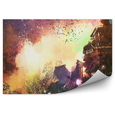 Papier peint Paysage Fantastique Bâtiment Lumière Arbres Fleurs Coucher De Soleil