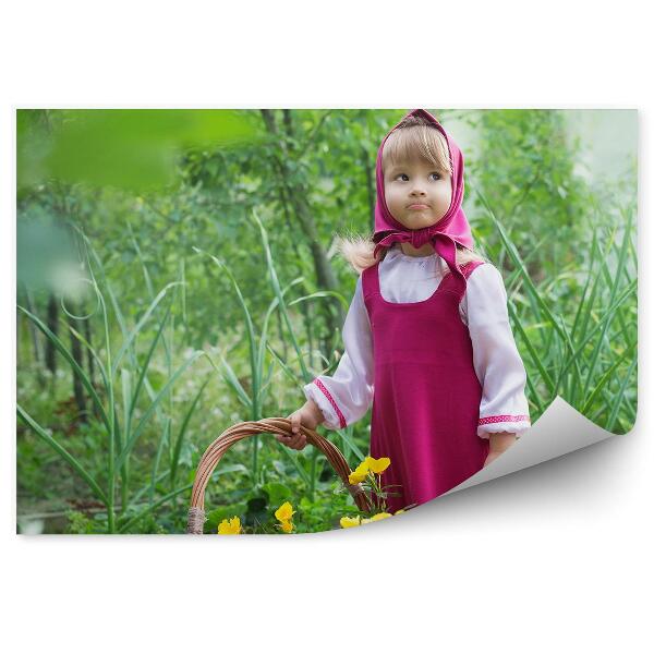 Papier peint Petite fille en robe de campagne panier fleurs herbe