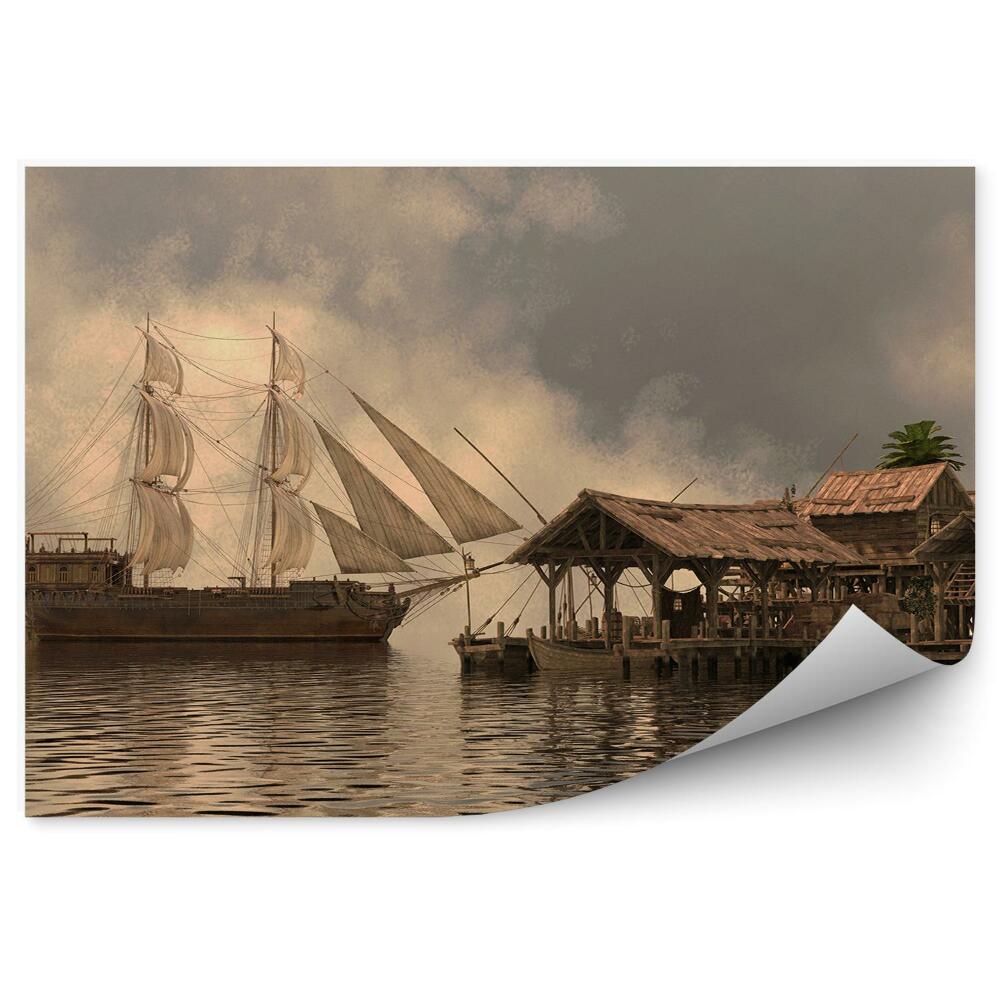Papier peint Illustration d'un voilier sur la mer en bois