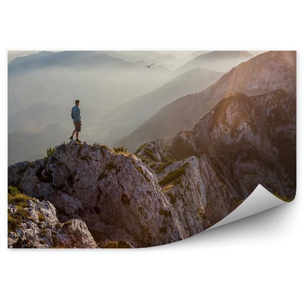 Papier peint Homme Montagne Herbe Brouillard Coucher De Soleil