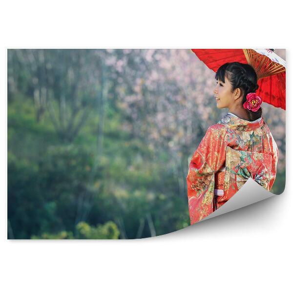 Papier peint Femme robe kimono traditionnel parapluie nature