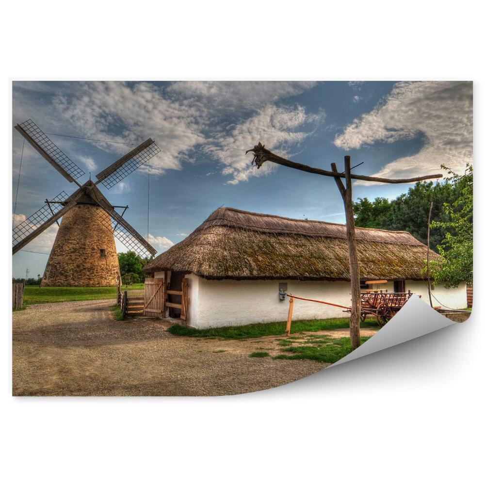 Papier peint Village traditionnel hongrois Moulin à vent Chariot Arbres Ciel Nuages Sol