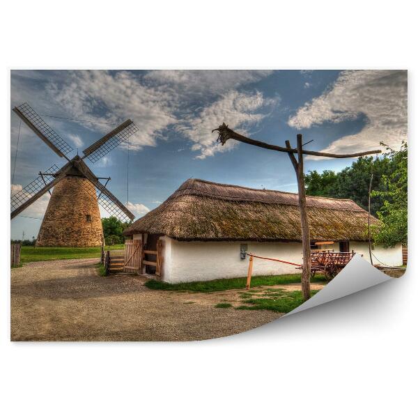 Papier peint Village traditionnel hongrois Moulin à vent Chariot Arbres Ciel Nuages Sol