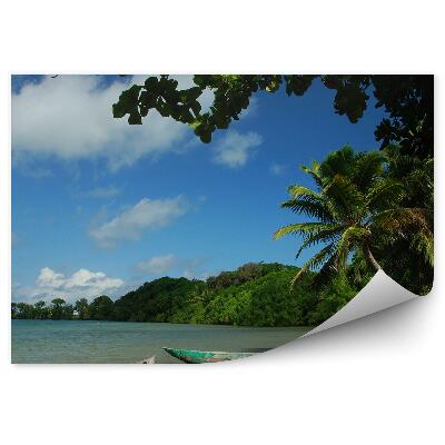 Papier peint Bateaux Océaniques Montagnes Palmiers Ciel Nuages