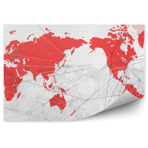 Papier peint Carte du monde avec lignes commerciales blanches et rouges